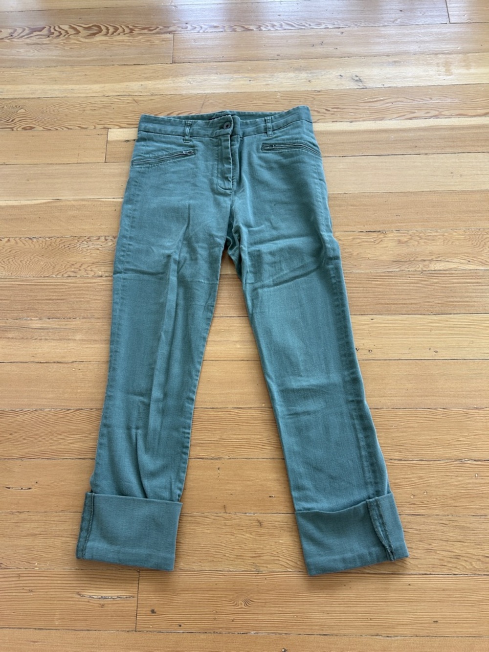 THEORY olive green Kettly D/Legion pants sz 4 zipper pockets 55% cotton
